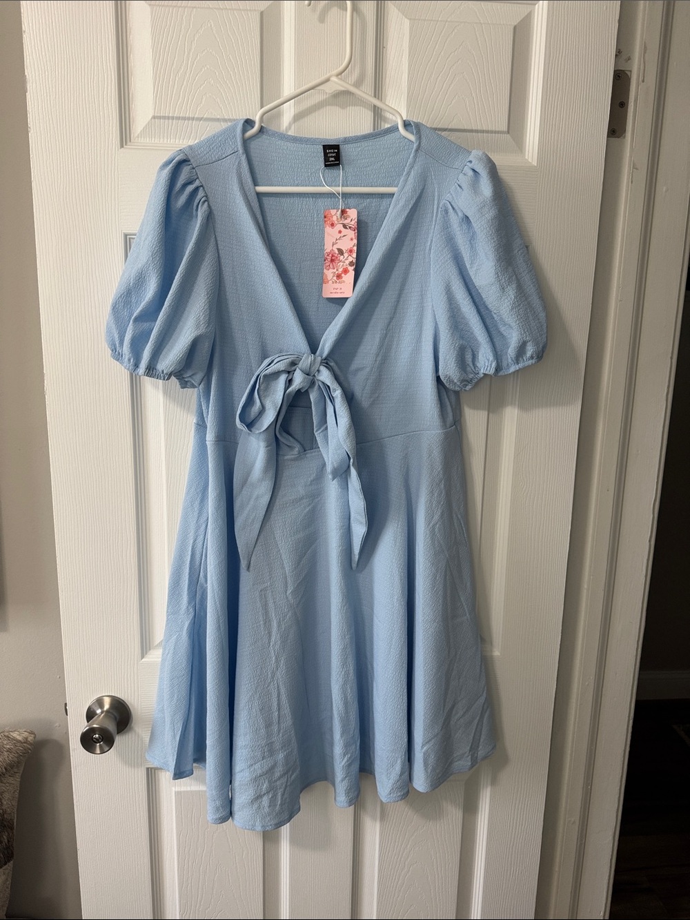NWT SHEIN Light Blue Tie-Front Puff Sleeve Dress